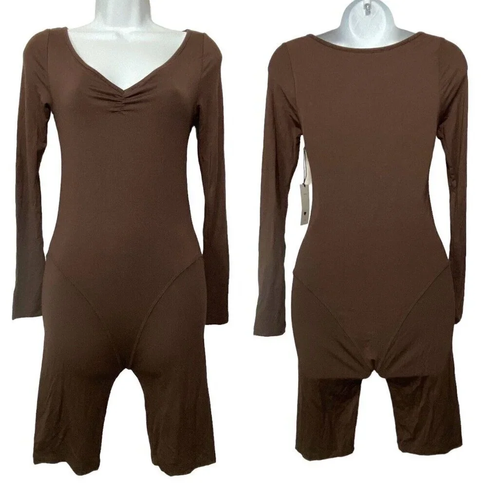 GEEL Ghauri One Piece Romper Bike Shorts Long Sleeves Soft Base NWT Brown M 28-2